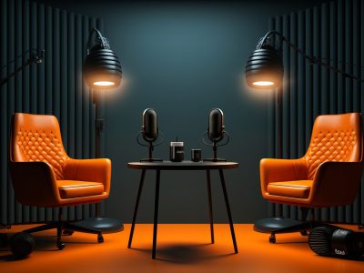 Podcast setting in modern style, podcast studio in navy blue, generative ai.